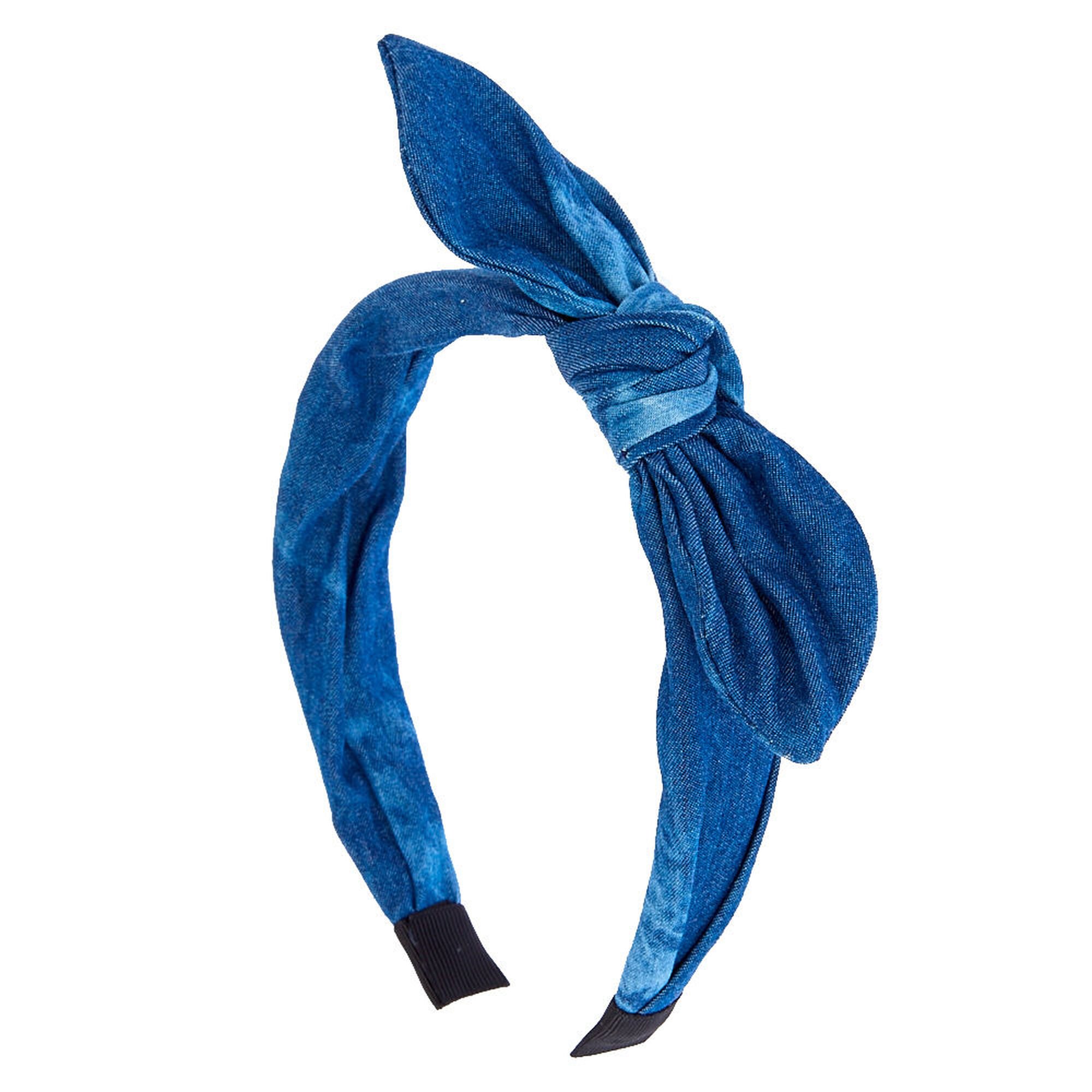 Ladies Denim Blue Stretchy Hairband Headband with Denim Blue Bow
